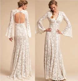 V Neck Beach Style Sweep Train Wedding Dress Elegant Lace Bell Sleeve Backless Bridal Gowns vestidos de mairee Wedding
