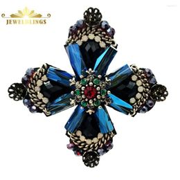 Brooches Retro Vintage Dark Blue Crystal Rhinestone Cross Style Flower Gold Tone Faceted Four Petal Pins For Women Suit