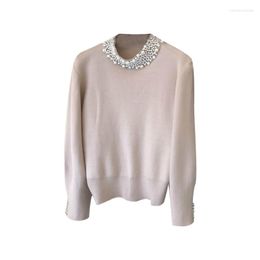 Women's Sweaters Beaded Round Neck Sweater Women Autumn And Winter Korean Style Loose All-Matching Handmade Pearl Collar Elegant Knitwear