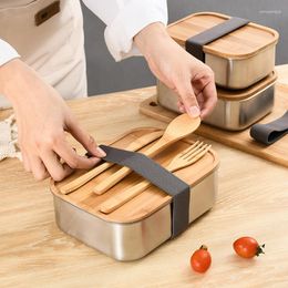 Dinnerware Sets Stainless Steel Lunch Box With Wood Cover Tableware Japanese Bento For School Kids Office Portable Container