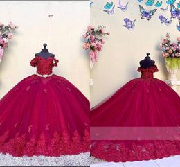 2023 Dark Red Ball Gown Wedding Dresses Long Train 3D Lace Flowers Applique Beaded Off Shoulder Formal Party Dress For Bride Plus Size