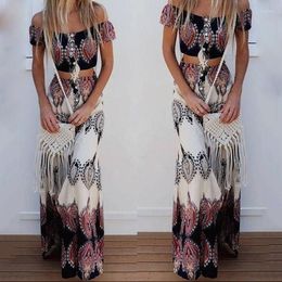 Casual Dresses Summer Boho Sexy Strapless Slash Neck Short Sleeve Crop Tops&Long Skirts Fashion Print Beach Maxi Skirt Suit Two Piece