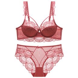 Bras Sets White Embroidery Sexy Lingerie Bra And Panty Transparent Ultra Thin Push Up Brassiere Lace Women Underwear E Cup 221010