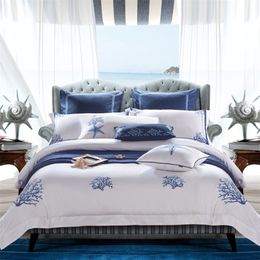 Bedding sets Blue Embroidery White Duvet Cover set Premium Egyptian Cotton Silky Soft Bedding Set Deep Pocket Fitted sheet SuperUSKing Queen 221010