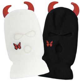 Berets Horn Winter Warm Ski Mask Hats 3-Hole Knit Full Face Cover Balaclava Hat Unisex Funny Embroidery Beanies Riding Caps