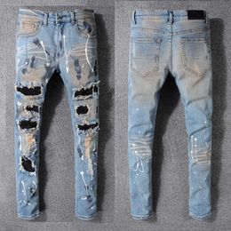 Man Jeans Spray On Paint Pants With Holes Knee Ripped Rivet Patch Skinny Slim Straight Leg For Mens Blue Classic Trousers Size 28-40 Summer