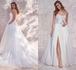 White Wedding Dresses With Pocket Bride Gowns Soft Satin Straps Pleated A-line V-neckline Backless Slit Buttons 2023 Robe de Mariee