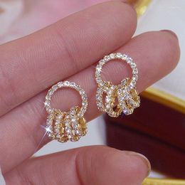Backs Earrings Clip-on & Screw Back Korean Super Shining Buckle Circle For Women Gold Color Elegant Zirconia Stud Earring Birthday Gift