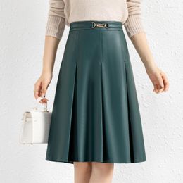 Skirts Dark Green Genuine Leather A-Line Pleated Skirt Femme Sheepskin Umbrella Falda Midi Women High Waist Slim Gonna Pieghe