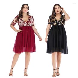 Party Dresses Women Plus Size Short Sleeve Sexy V-Neck Floral Print Lace Splicing Midi Swing Dress Tie Waist Chiffon Flowy Sundress