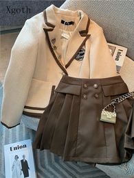 Two Piece Dres Blazer Skirt 2pcs Suit Spring Autumn Turndown Callor Jacket Brown Pleated Two piece Set British Fashion 221010