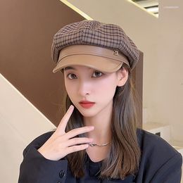 Berets EStenala Women Beret Octagonal Hat Sboy Cap Spring Fashion Woman Plaid Cheques Woollen For Girls Lady