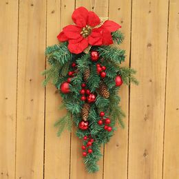 Decorative Flowers Stairs Christmas Swag Garland Door Hanging With Ribbon Bow Red Berries Artificial Wreath For Holiday Wall Festival Decor