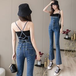 Womens Jeans Back Lace Up Bow Front Button Flare Denim Pant High Waist Skinny Slim Bell Bottom Trouser Women Overalls Jumpsuit 221011