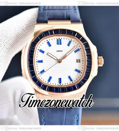 40mm 5711 Automatic Mens Watch White Texture Dial 5711/1300A Rose Gold Case Diamond Rectangle Blue Gems Bezel Leather Strap Watches Timezonewatch E234A6