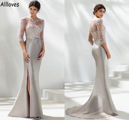 Silver Elegant Satin Mother Of The Bride Dresses Lace Appliqued With 3/4 Long Sleeves Formal Evening Party Gowns For Women Split Mermaid Wedding Guest Dress CL1248