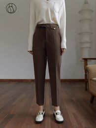 Women's Pants s DUSHU Winter Woollen Thick High Waist Tapered Coffee Colour Slimming Casual Pant Same Belt All match Trousers 221011