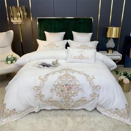 Bedding sets Flowers Embroidery Bedding Set Luxury White Princess Wedding Bedclothes Solid Colour Duvet Cover Bed Sheet Pillowcases Cotton 221010