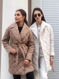 Women's Down Parkas Ueteey Winter Rhombus Pattern Parkas Coat Women Casual Long Sleeve Thicken Warm Coat Fashion Turn-Down Collar Outerwear 2022 T221011