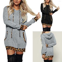 Women's Hoodies 2022 Autumn Winter Fashion Women Casual Hooded Long-sleeved Leopard Mini Dress Loose Pullover Sweatshirt Dresses