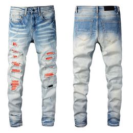 Mens Blue Jeans For Guys Knee Ripped Slim Fit Skinny Man Torn Pants Orange Patches Wearing Biker Denim Light Stretch Motorcycle Male Rip