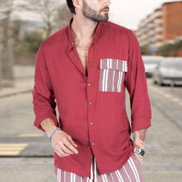 Men's Casual Shirts Mens Contrast Stitched Turn Down Collar Comfortable Long Sleeve Top Striped Pocket Button Up Shirt Spring Autumn 4