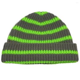 Berets Short Knitted Striped Hat Winter Beanies For Ladies Men Warm Cuff Cap Orange Lime Green Pink