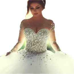 African Arabic Ball Gown Wedding Dresses Charming Diamond Illusion Full Lace Appliques Crystal Beading Long Sleeves Chapel Train Formal Bridal Gowns Plus Size 0510