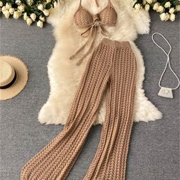 Women's Two Piece Pants SINGREINY Women Summer Design Knitted Set Sexy Backless Halter Short TopsChic Hollow Knitted Wide Leg Long Pants Two Piece Suit 221010