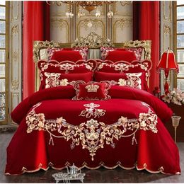 Bedding sets Red Chinese Style Wedding Embroidery Duvet Cover Bed Sheet Set Cotton Solid Princess Bedding Set Luxury Romantic Girls Bed Cover 221010