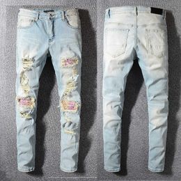 Designer Jeans For Man Skinny Slim Fit Light Blue Kee Ripped Denim Distress Biker with Hole Red Patches Tapered Straight Softener Cult