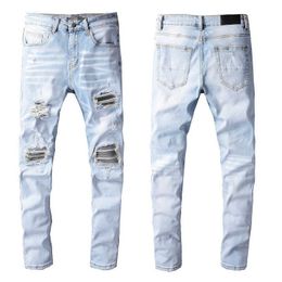 Amari Skinny Fits Jeans Denim Man Knee Ripped Hole Slim for Mens Light Blue Biker Moto Straight Leg Classic Designer Damaged Fashion Patches