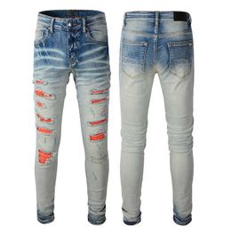 Мужские джинсы дизайнер скинни Rip Big Flower Patches Rock Denim Slim Fit for Man Pants Motorcycle Biker Distress Tear Jogger прямой панк бедра