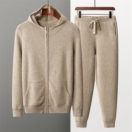 Mens Tracksuits 100% cashmere suit men hooded zipper cardigan 22autumn winter knitted twopiece high waist trousers fashion solid Colour sweater 221010