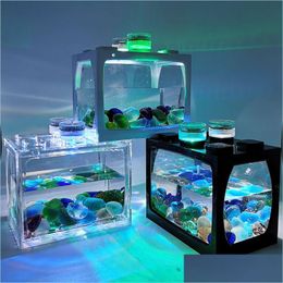 Other Festive Party Supplies Small Fish Tank Desktop Creative Ecological Micro Landscape Fighting Tropical Aquarium With Led Light D Dhys9