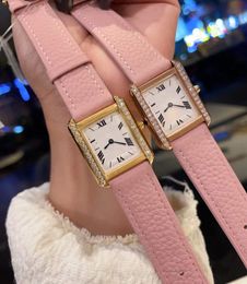 Charm Women Quartz Watches Tank Clock Minimalist Geometric Rectangle Wristwatch Female Pink Leather Zircon Watch Roman Number Dial 24mm 27mm