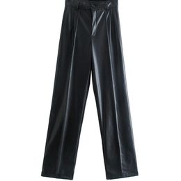 Women's Pants s TRAF Women Fashion Faux Leather Straight Vintage High Waist Zipper Fly Female Trousers Mujer 221011