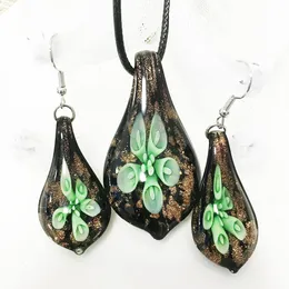 1 Set Handmade Necklace Earring Murano Glass Green Flower Water Drop Pendant Ethnic Style Clavicle Chain Jewelry