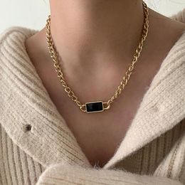 Choker SRCOI Trendy Titanium Steel Thick Chain Necklace Black Square Pendant Double-Layer Women Simple Clavicle