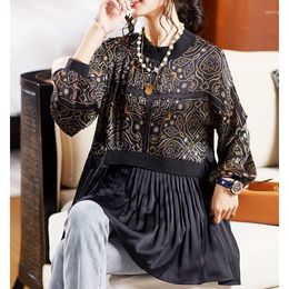 Women's Blouses Casual Loose Printed Satin Tops Women Shirts Vintage Mother Pleated Pullovers Blusa Mujer