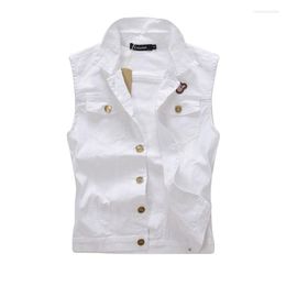 Men's Vests Men's Denim Vest Male Sleeveless Jacket 4XL Retro Hole Washed White Casual Cowboy Men Clothing MF806