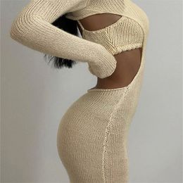 Two Piece Dress Kliou Knitted Set Women Skirt Elegant Lined Sleeveless Camisole Top Long Sleeve Backless Female 221010