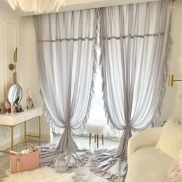 Curtain French Style Sheer Tulle For Living Room Elegant Light Grey Voile Window Valance With Lace Chiffion Solid Drapes