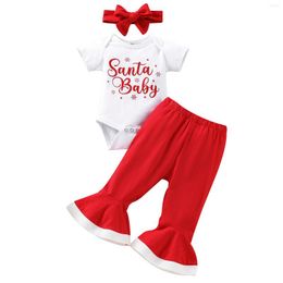 Clothing Sets 3Pcs Christmas Baby Girls Romper Outfit Letter Printing Short Sleeve Round Collar Jumpsuit Bell-bottomed Pants Headwear