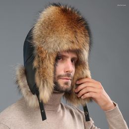 Berets Men Real Raccoon Hats Winter Warm Caps Leather Russian Hat For Women Natural Silver Fur 2022