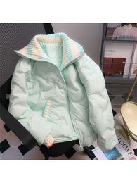 Women's Down Parkas Mint Green Oversized Thicked Padded Jackets Women Harajuku Knited Neck Zipper Coats Winter Cotton Warm Outfits Streetwear Ins T221011