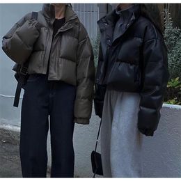 Mulheres para baixo parkas preto gola quente jaqueta curta baggy casaco coreano moda vintage casual feminino puffer confortável outwear tops inverno 221010