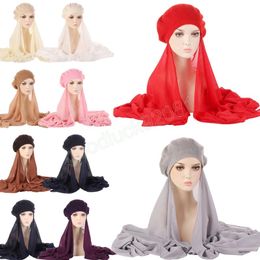 Women Barett Hat With Hijabs Headscarf Chiffon Shawl Muslim Islamic Scarf Headwear Ready To Wear Instant Caps Turban Wrap