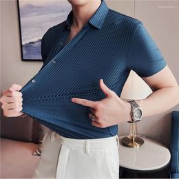 Men's Dress Shirts 5 Colors Top Quality Summer Luxury Short Sleeve Striped For Men Clothing Business Formal Wear Slim Fit Chemise Homme 4XL