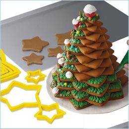 Other Bakeware Bakeware 6Pcs/Set Christmas Tree Cookie Cutter Mold Five-Pointed Star Shape Cake 3D Decoration Tool Baking Drop Delive Dhrwe